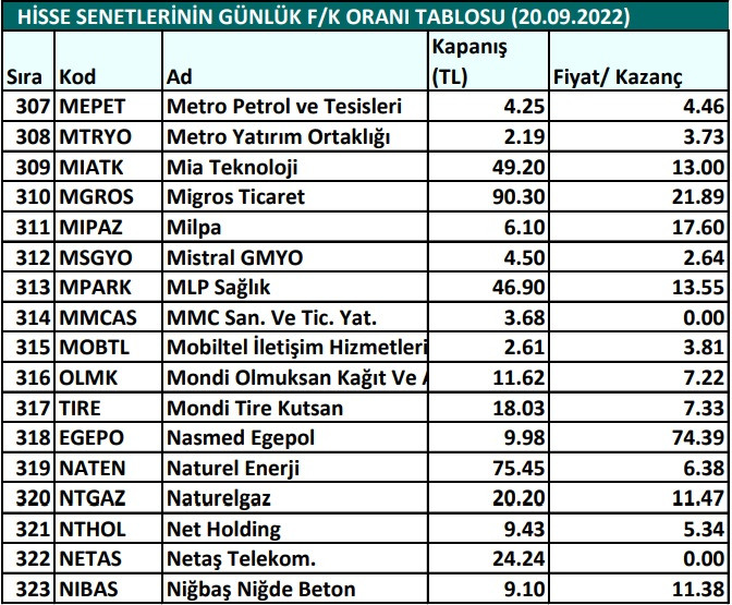 Hisse senetlerinin günlük fiyat-kazanç performansları (20.09.2022)